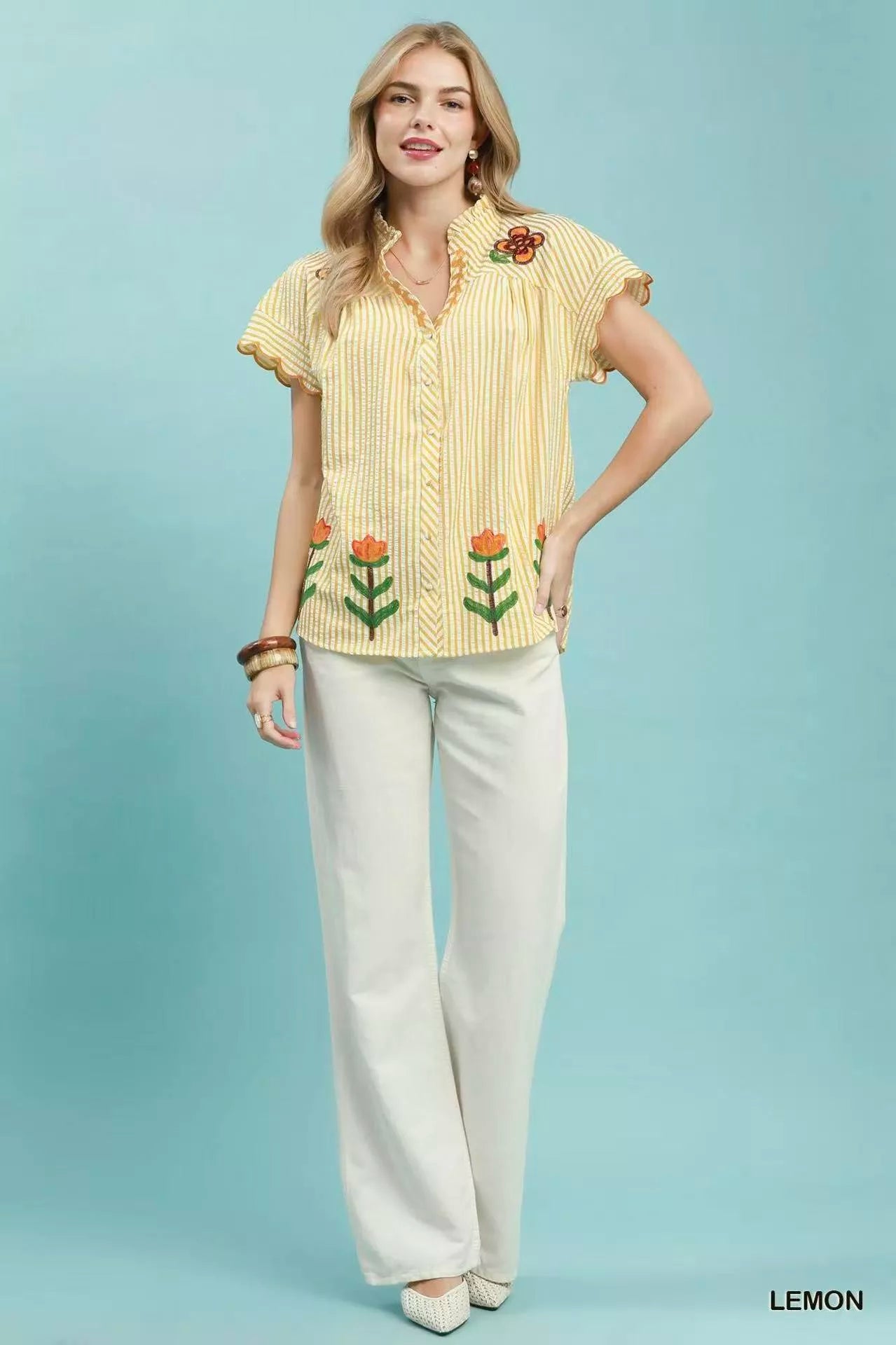 Umgee Embroidered Stripe Button Front Top