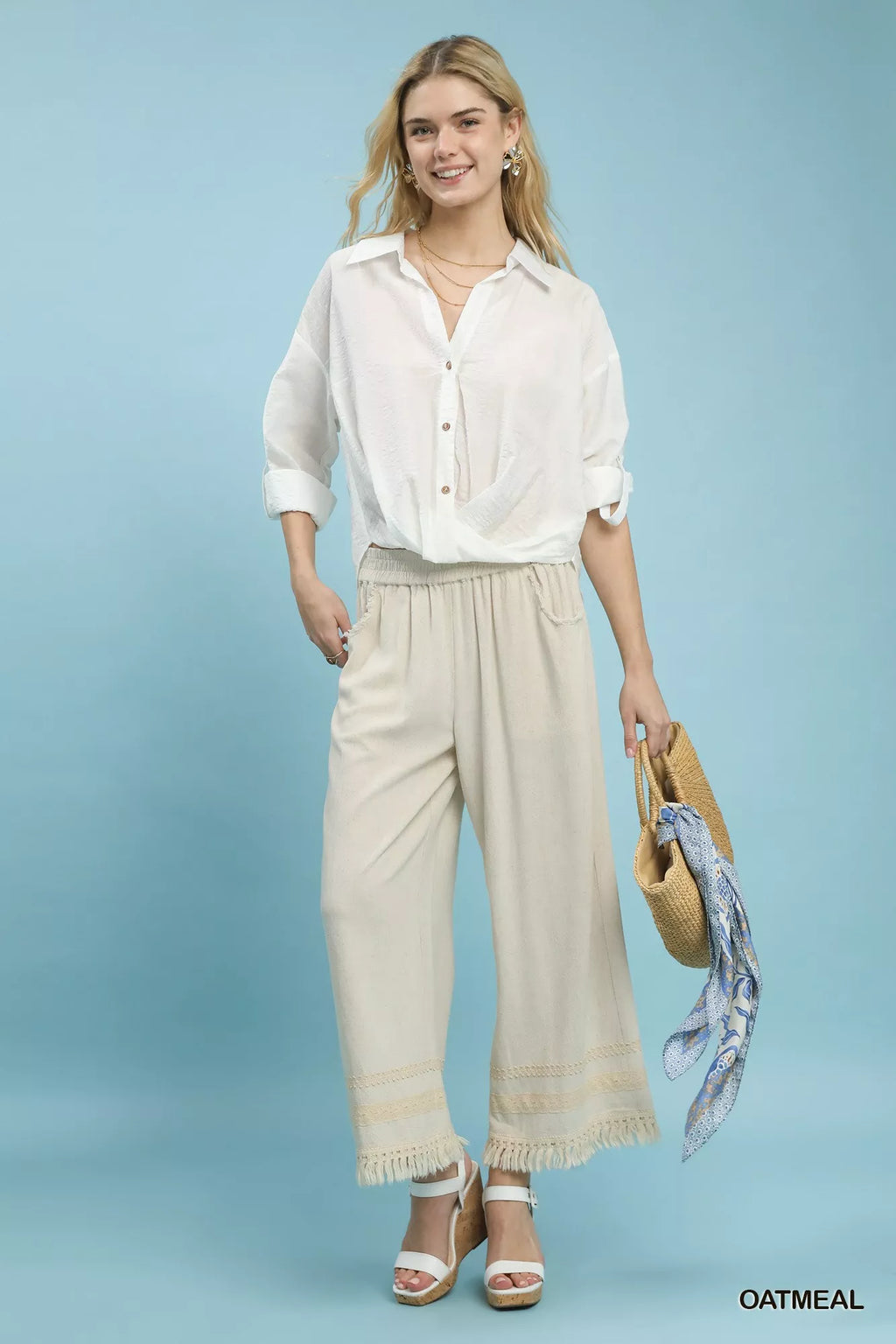 Umgee Lace Trim Fringe Hem Wide Leg Pants