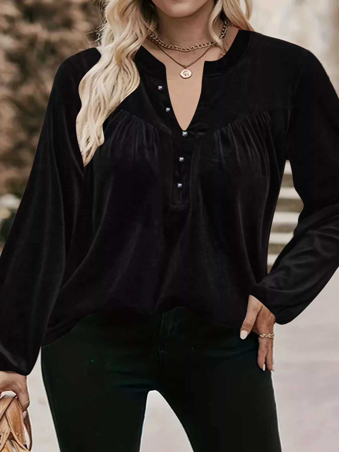 Velvet Balloon Sleeve Blouse