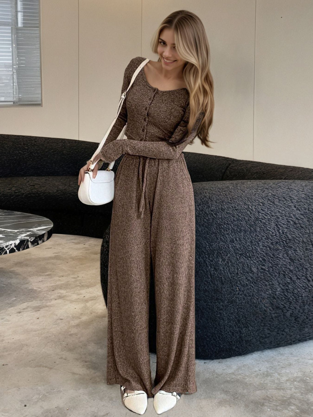 Casual Knit Long Sleeve Top and Wide Leg Pants Set