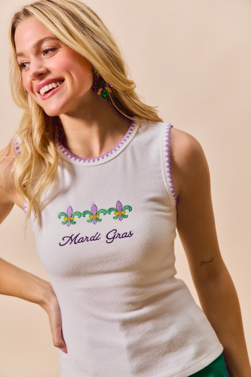 SO ME Mardi Gras Tank Top With Contrast Blanket Stitch