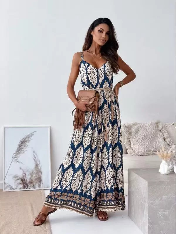 Printed Spaghetti Strap Wide-Leg Jumpsuit