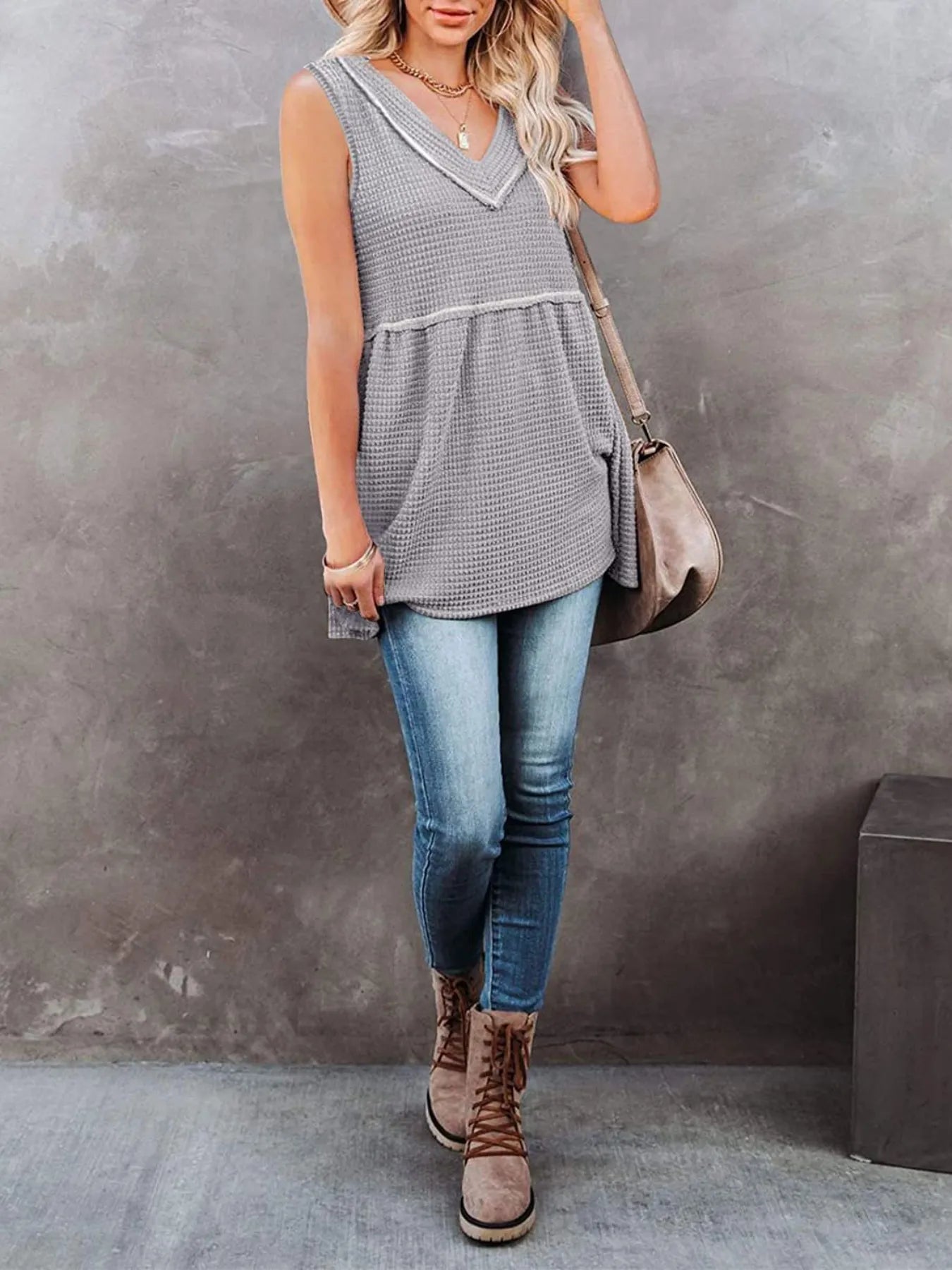 V-Neck Waffle Knit Tank Top with Contrast Stitching