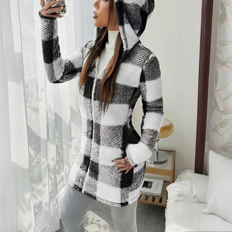 Plaid Hooded Sherpa-Lined Long Coat with Pockets