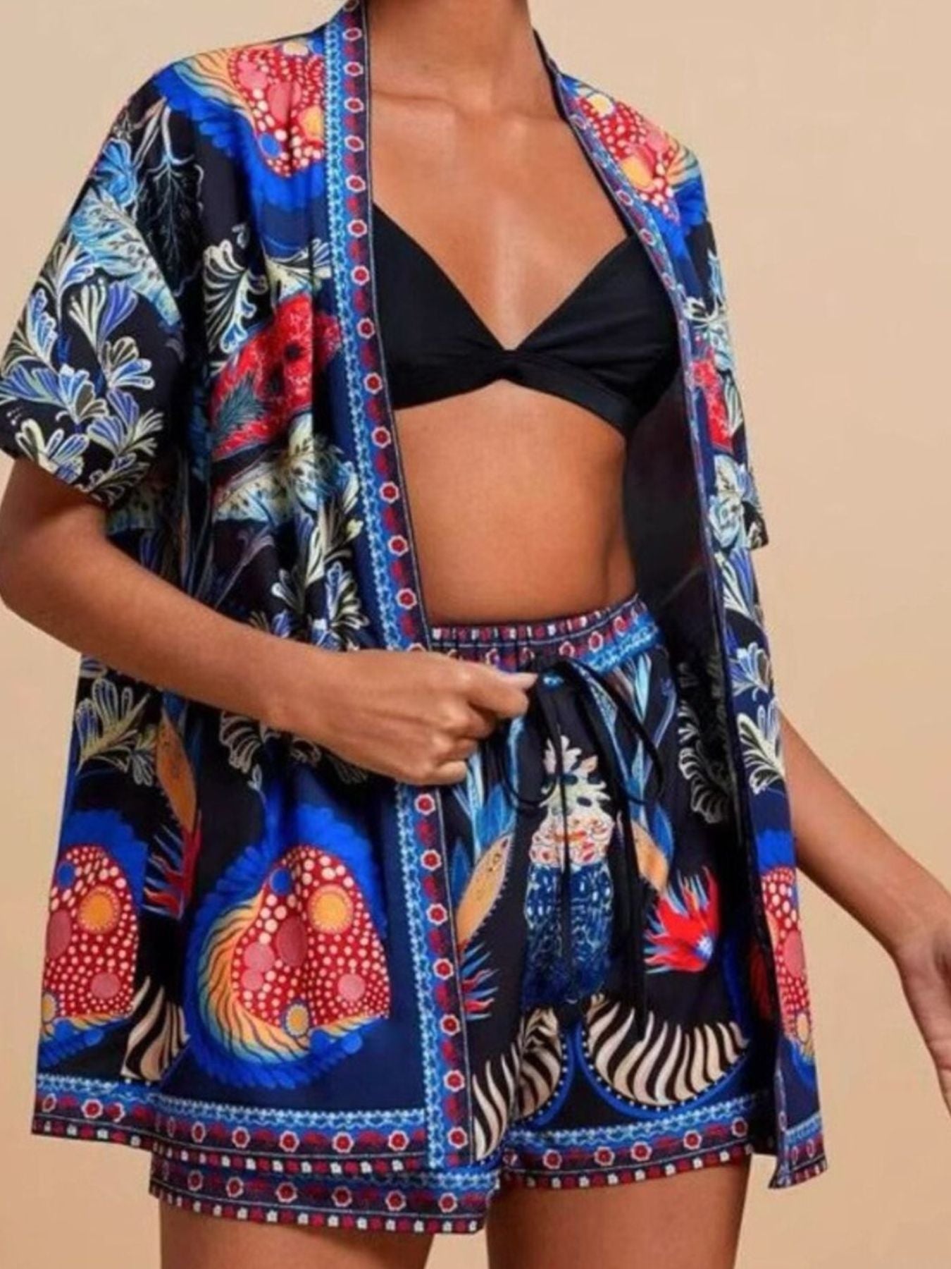 Printed Open Front Cardigan and Shorts Set