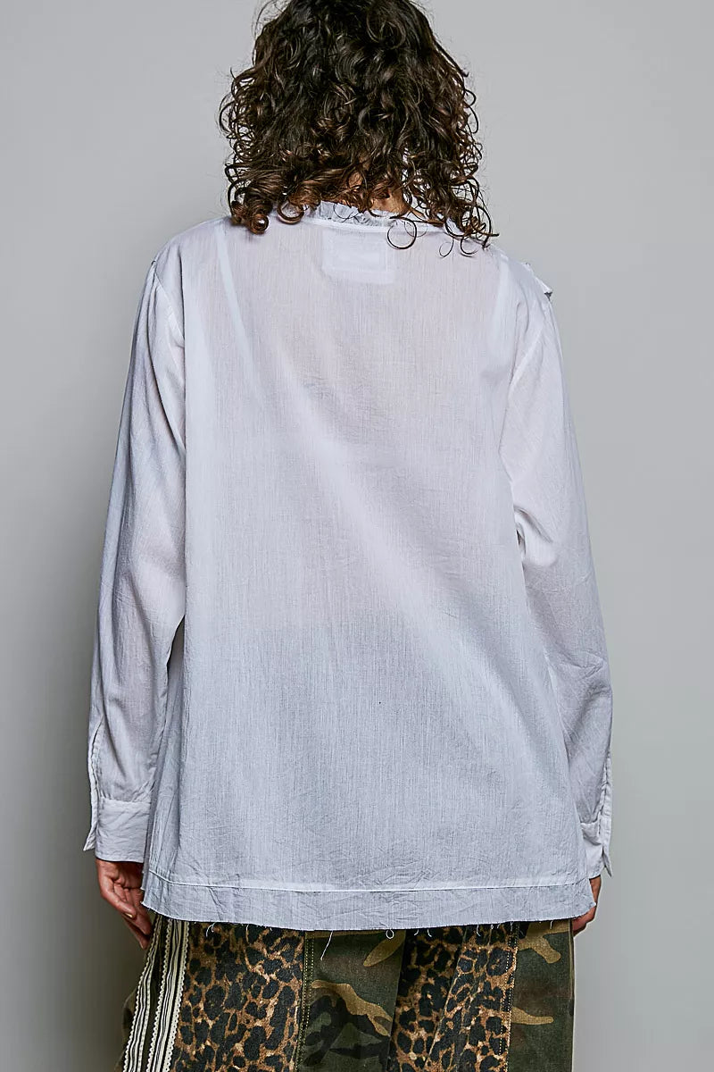 POL Lightweight Ruffle Trim Round Neck Woven Shirt
