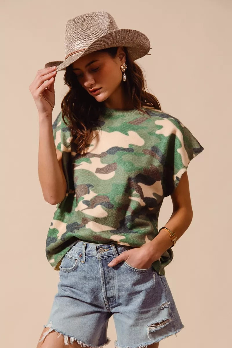 SO ME Camouflage Print Dolman Soft Sweater Top