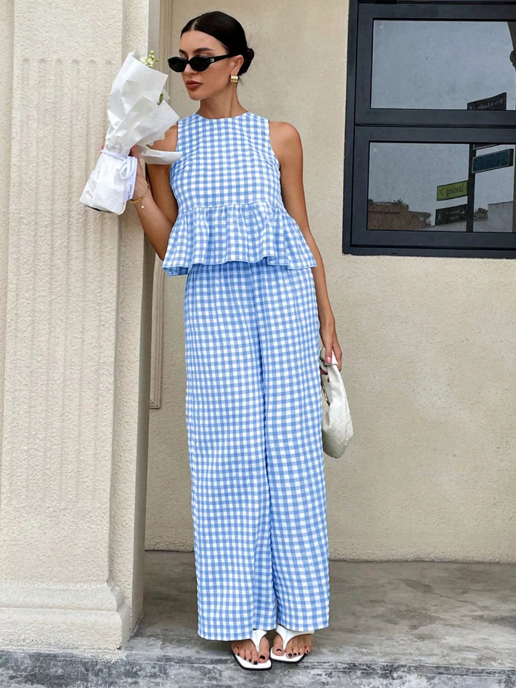 Gingham Sleeveless Top and Wide Leg Pants Set