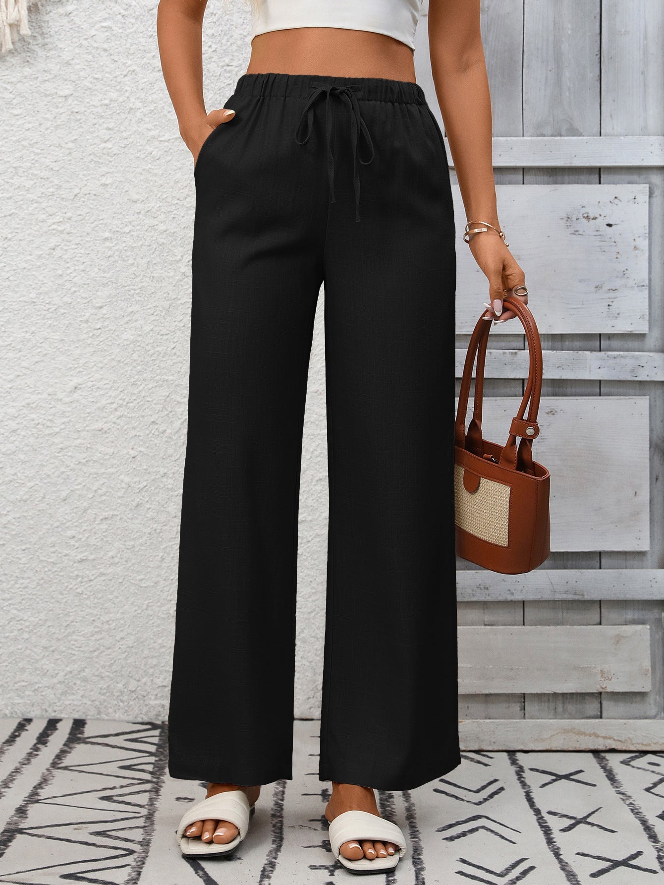 Drawstring High Waist Wide Leg Pants