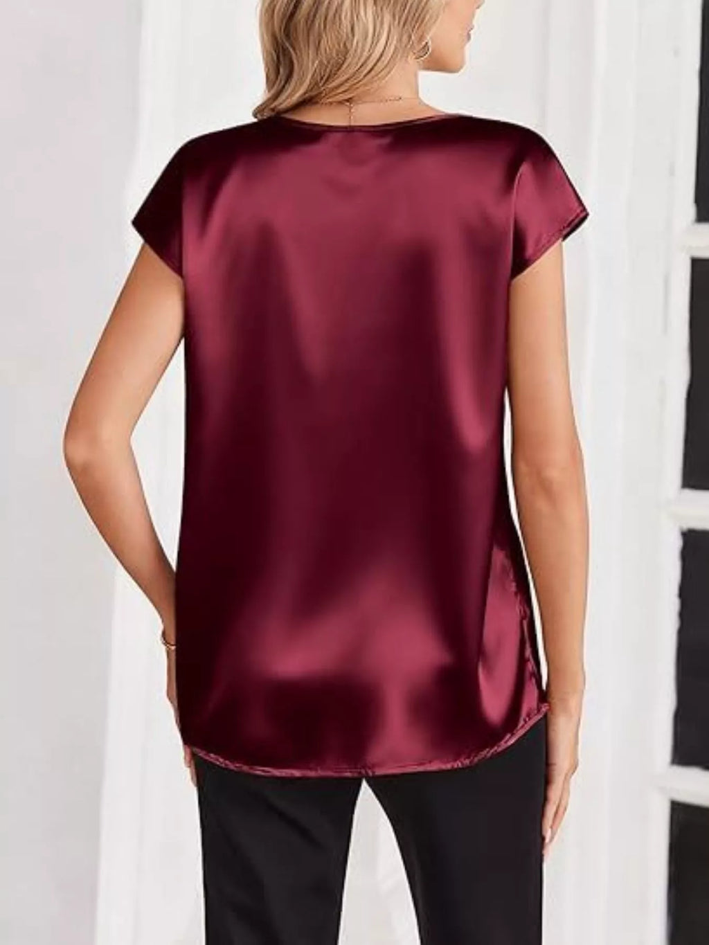 Satin V-Neck Short Sleeve Blouse