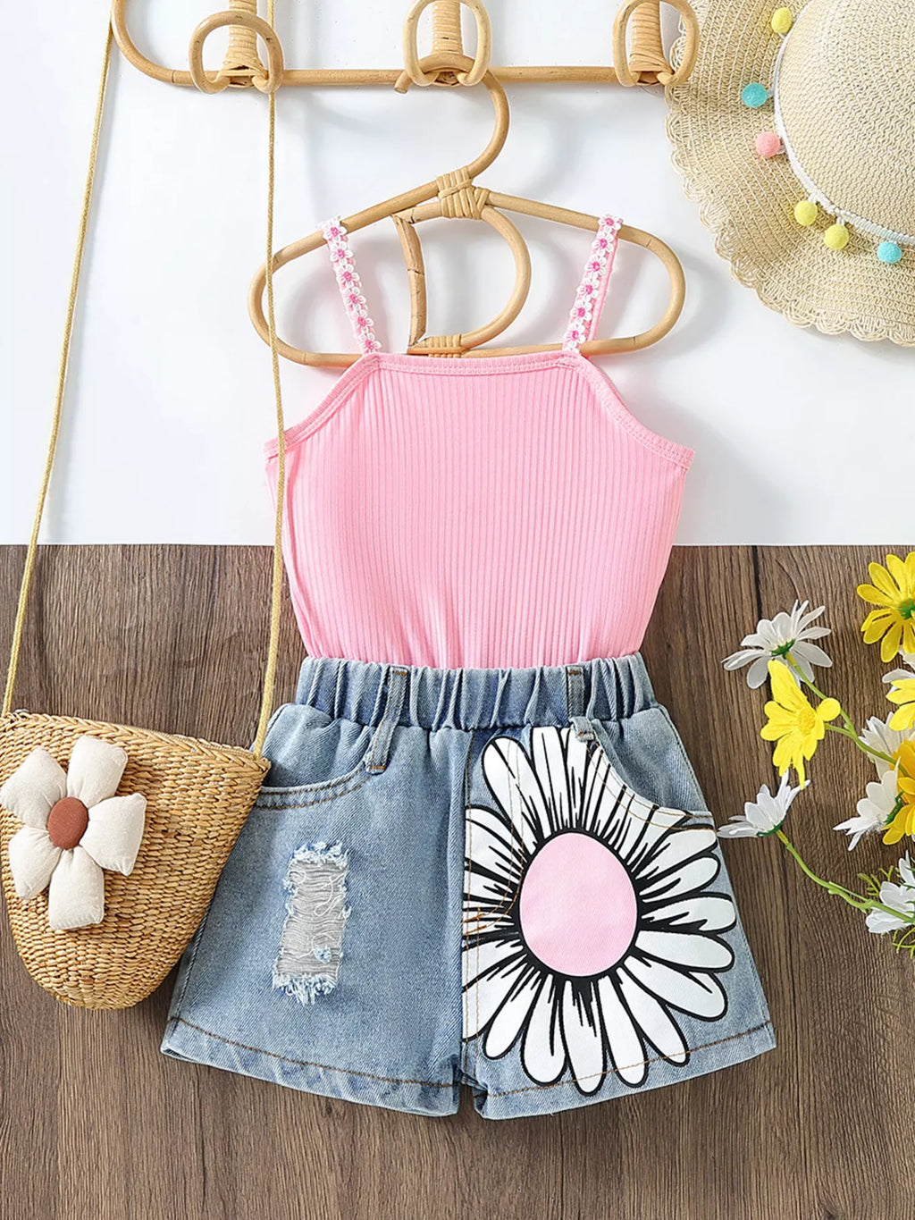 Children's Top & Sunflower Denim Shorts Set