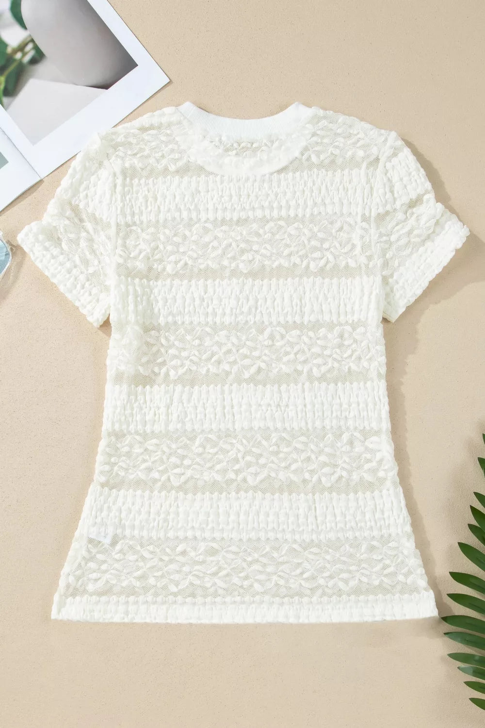 Sheer Lace Textured Patchwork Short Sleeve Top