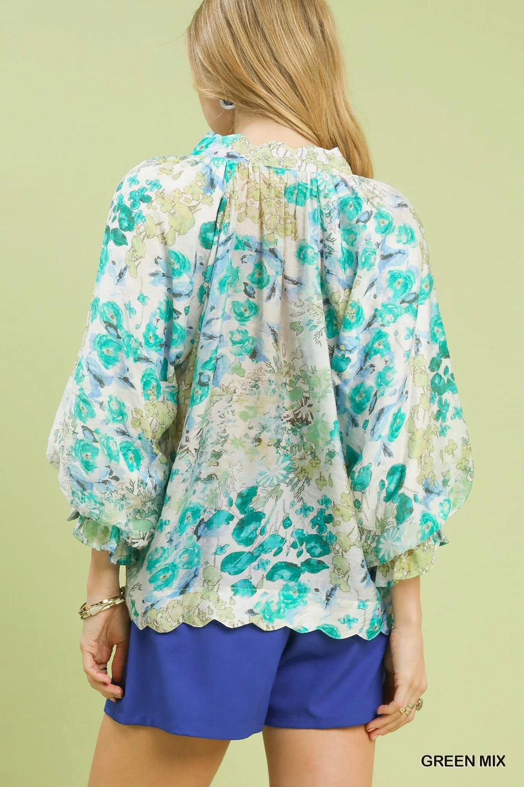 Umgee Watercolor Floral Blouse with Flounce Sleeve