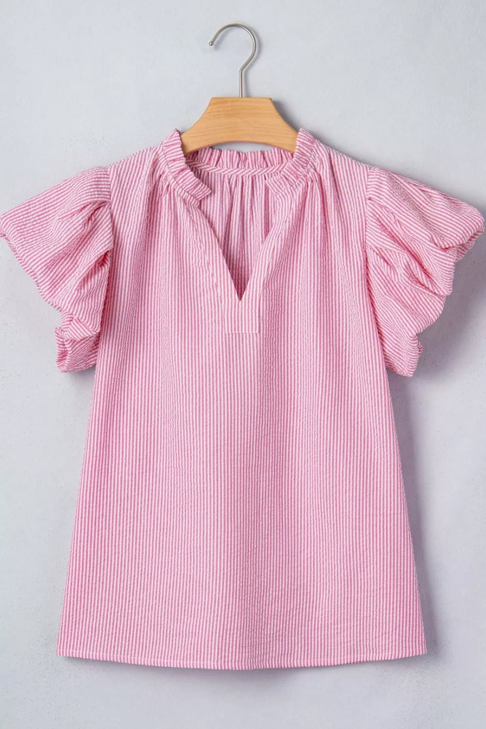 Stripe Short Bubble Sleeve Split V Neck Blouse