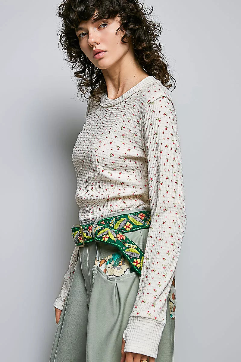 POL Ribbed Knit Floral Crew Neck Long Sleeve Top