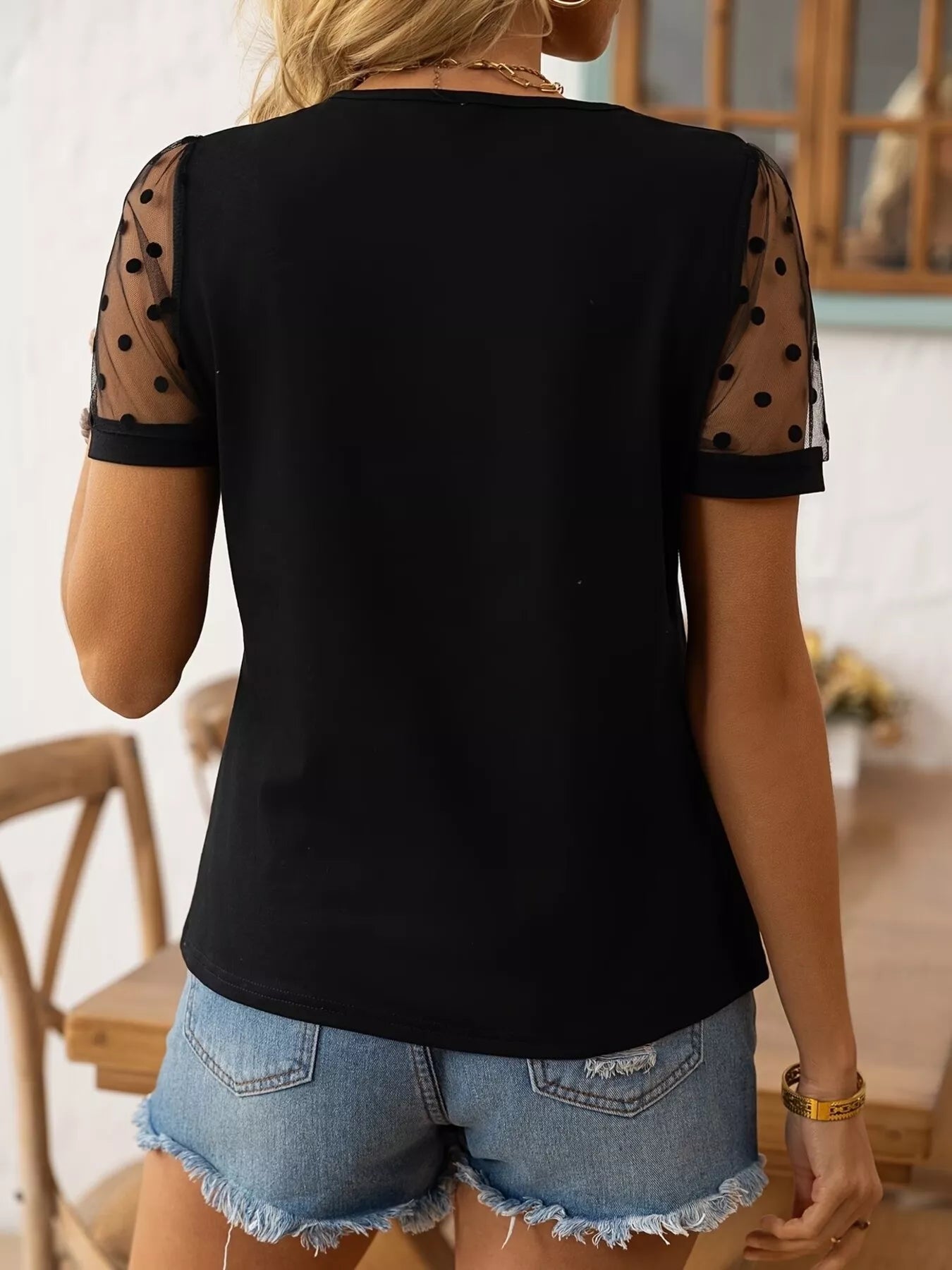 Polka Dot Mesh Sleeve T-Shirt