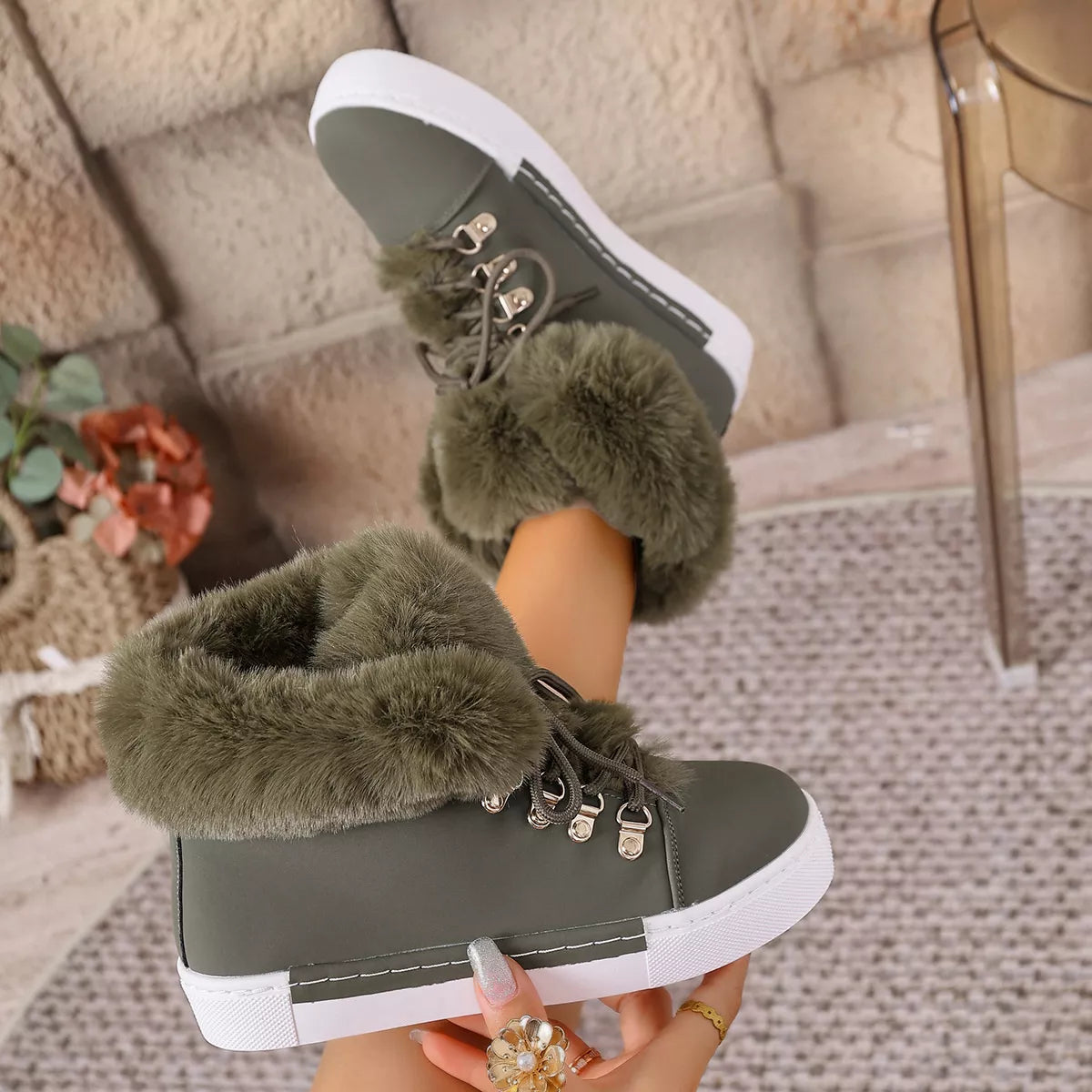 Fuzzy Trim Lace-Up Ankle Boots