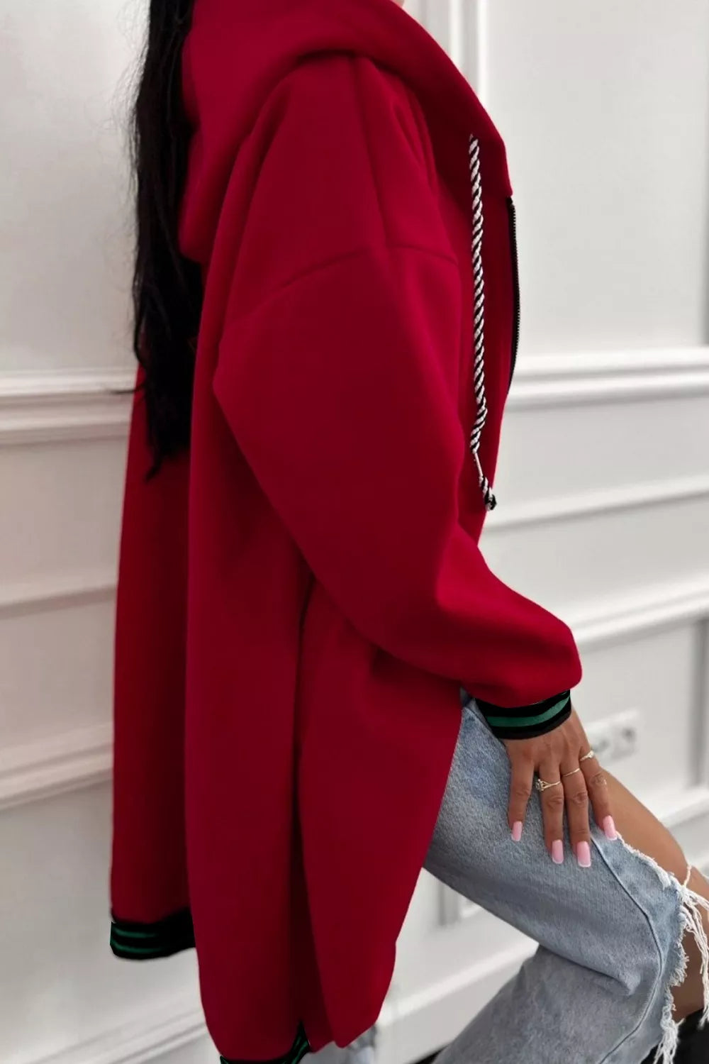Contrast Cuffed Drop Shoulder Zip Up Hoodie