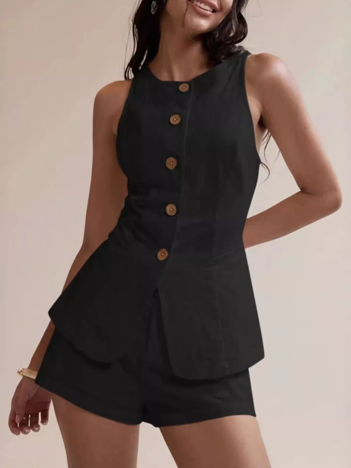 Button-Down Sleeveless Top and Shorts Set