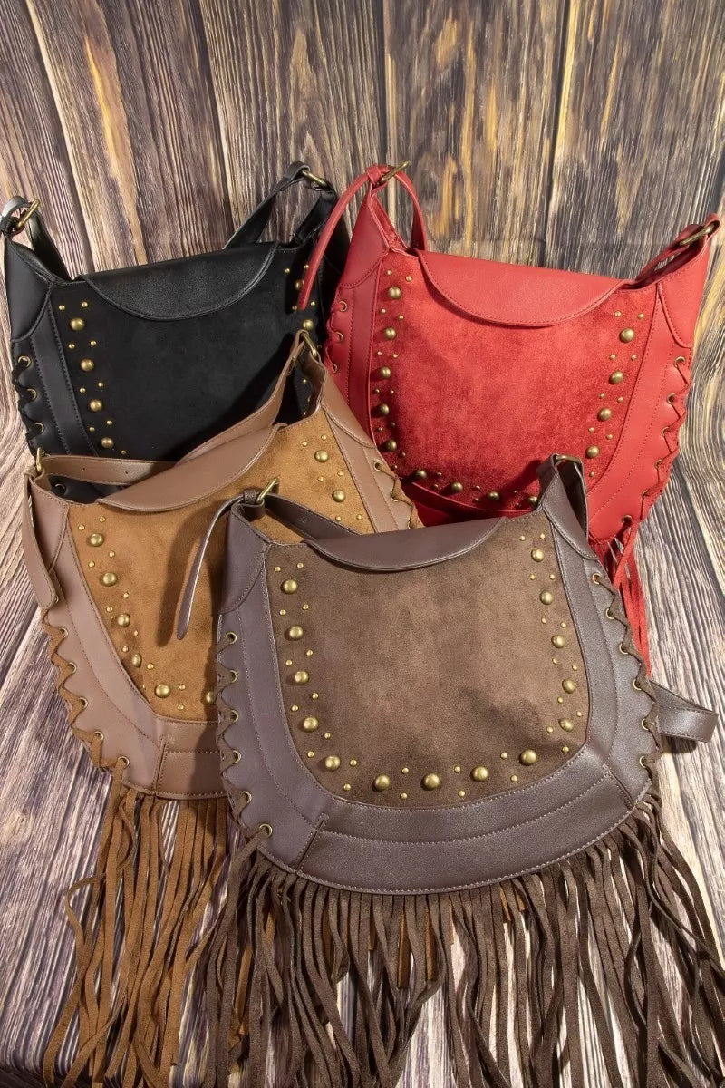 Fame Rivet Trim Suede Fringe Shoulder Bag