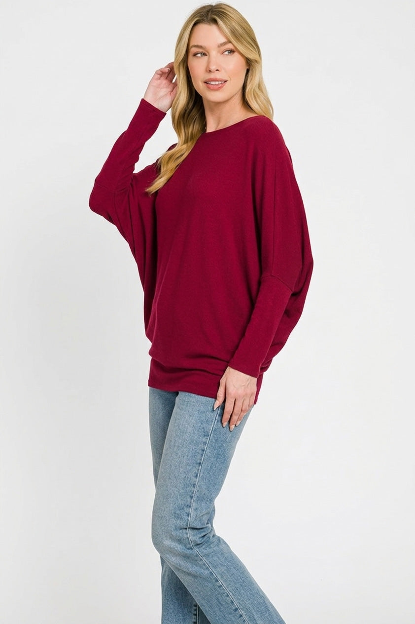 Zenana Hacci Dolman Sleeve Boat Neck Top