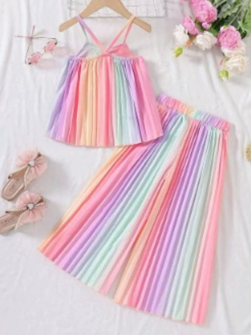 Children's Rainbow Pleated Cami Top and Wide Leg Pants Set