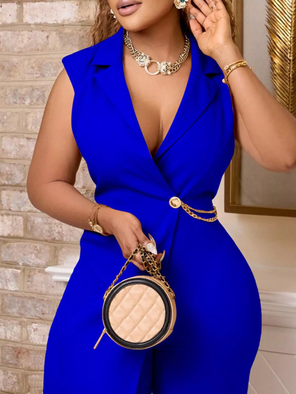 Full Size Asymmetrical Sleeveless Blazer Style Wide Leg Jumpsuit Plus Size