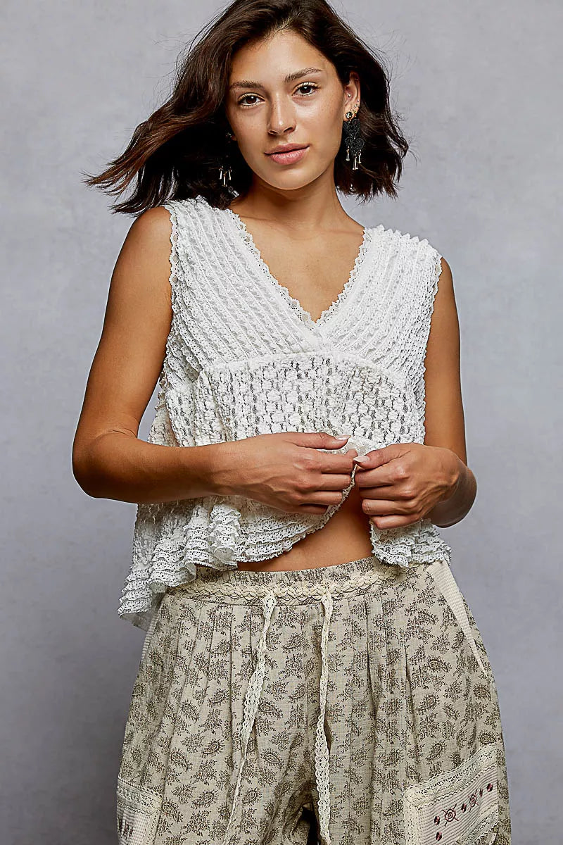 POL Textured Lace Cropped Tank with Trim Detail