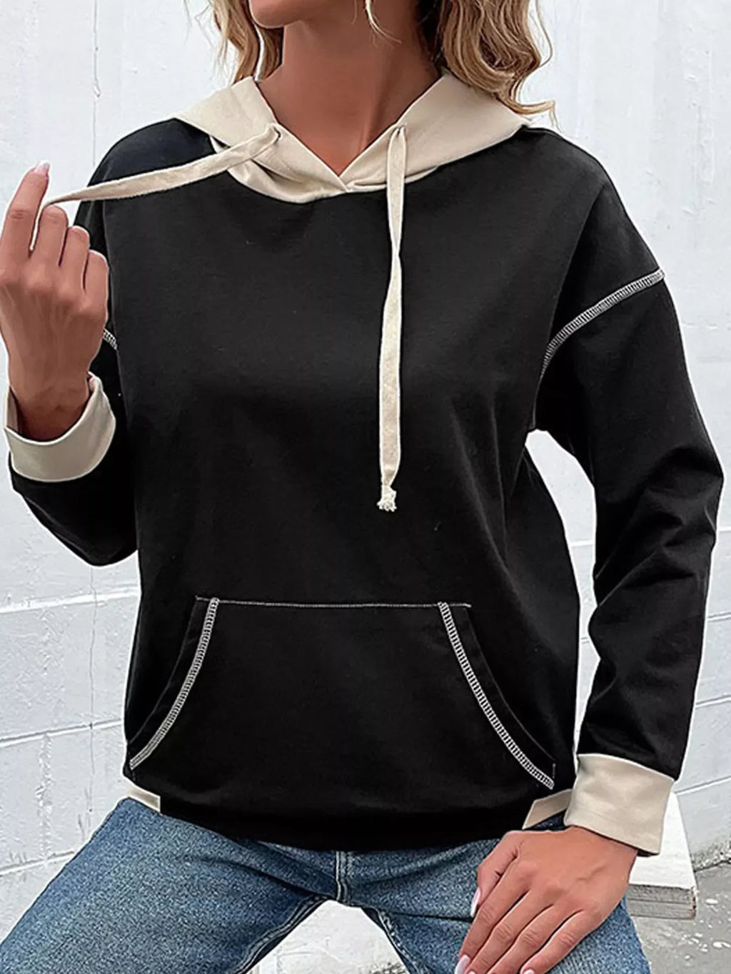 Color Block Hoodie with Drawstring and Kangaroo Pocket