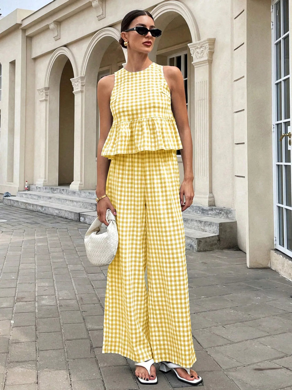 Gingham Sleeveless Top and Wide Leg Pants Set
