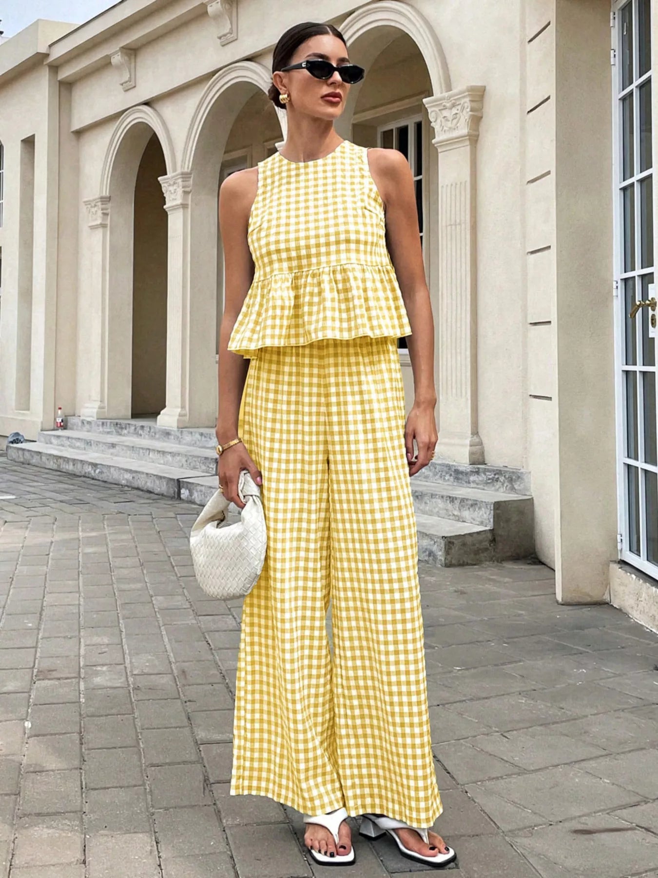 Gingham Sleeveless Top and Wide Leg Pants Set
