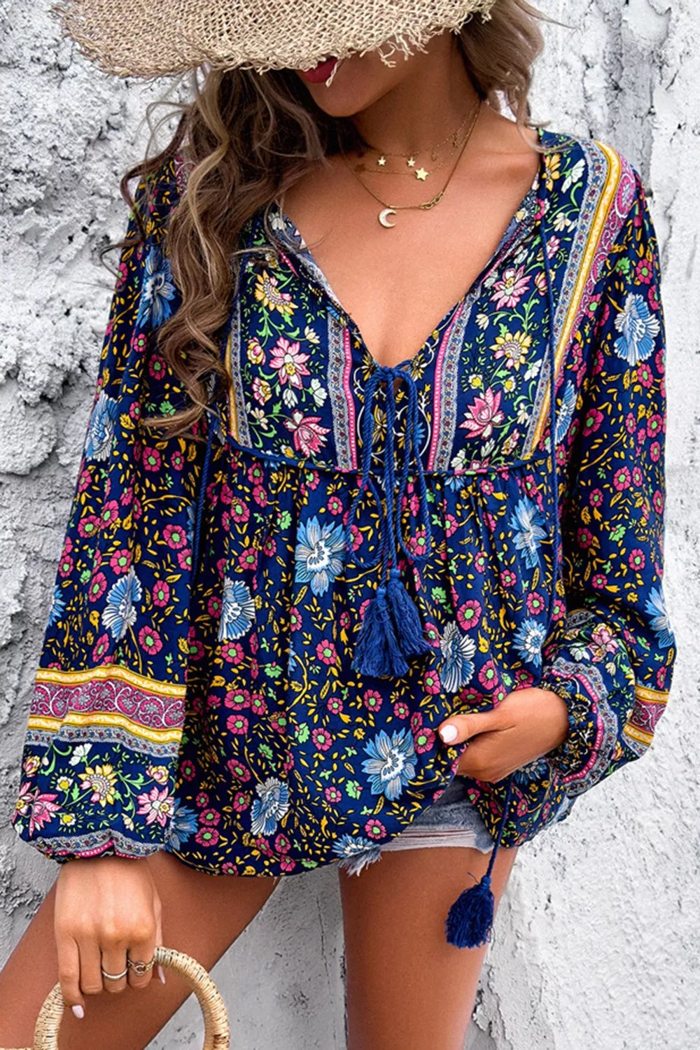 Floral Print Tie Neck Blouse