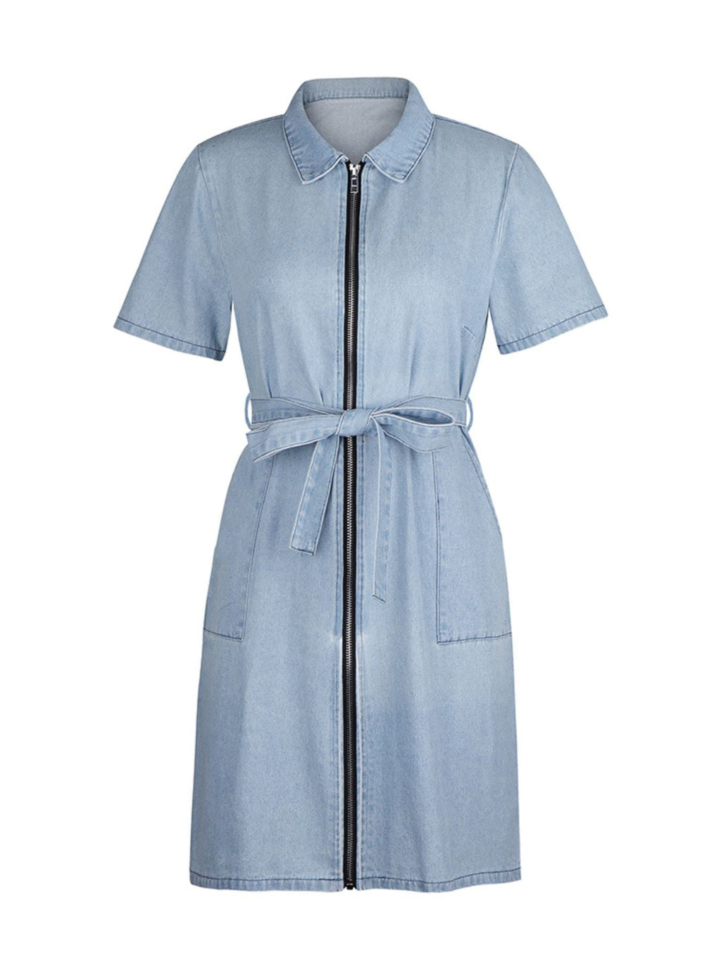 Zip Front Short Sleeve Denim Dress
