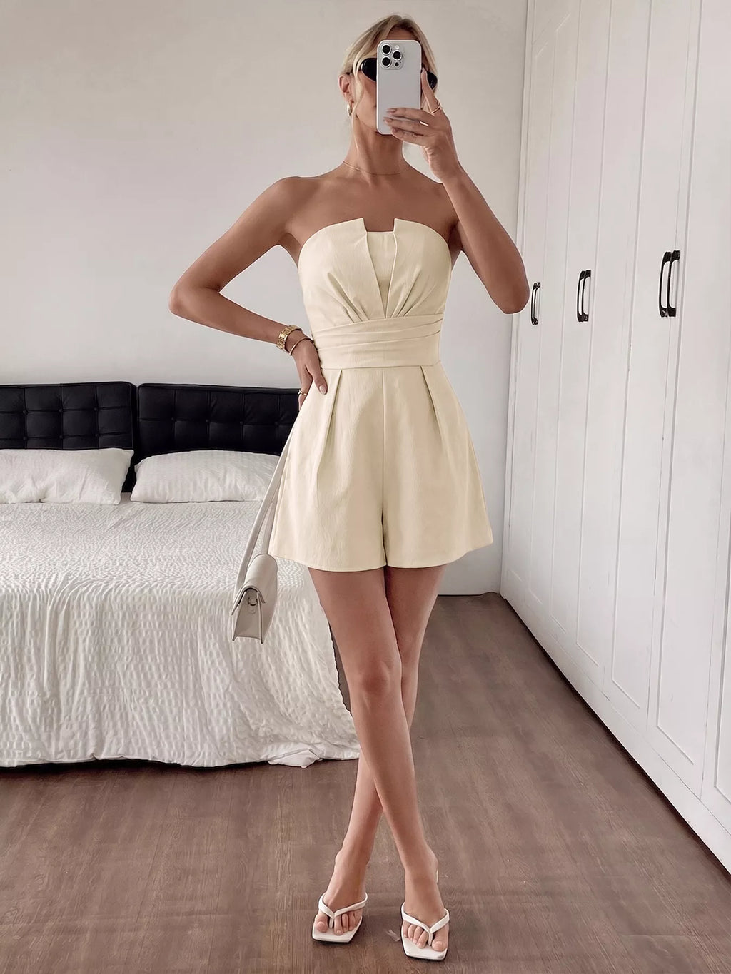 Strapless Pleated Detail Romper