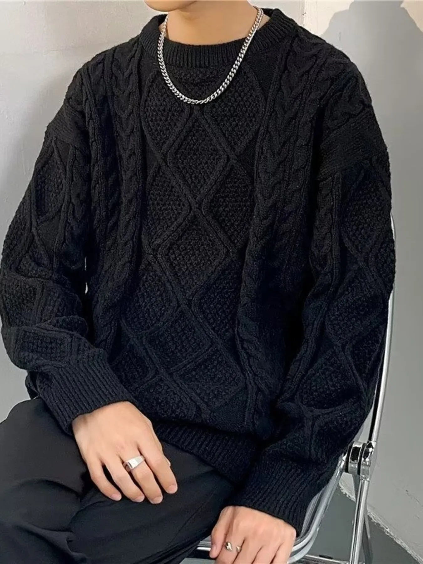 Men's Plus Size  Cable Knit Round Neck Sweater