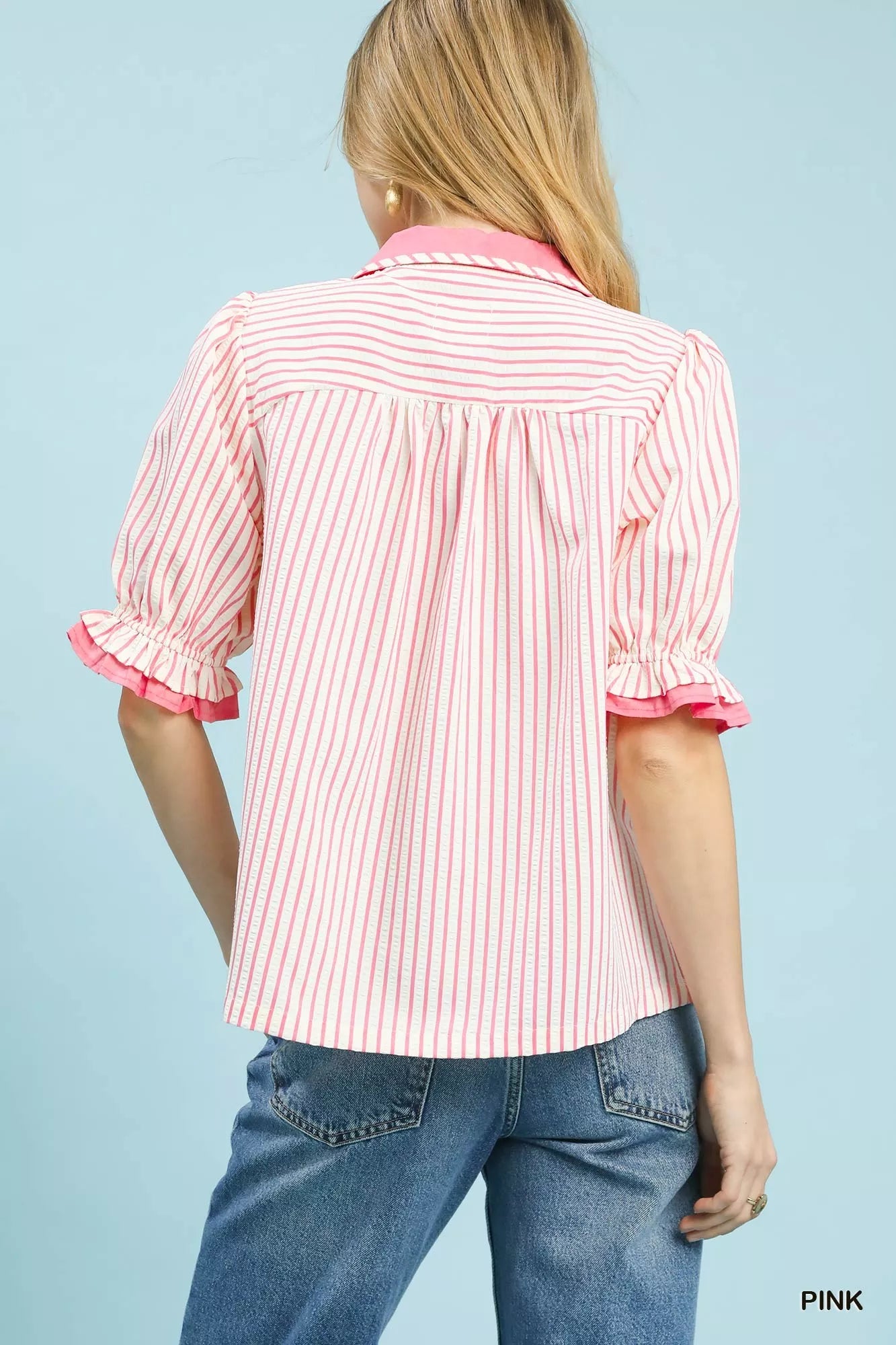 Umgee Seersucker Stripe Ruffle Sleeve Top