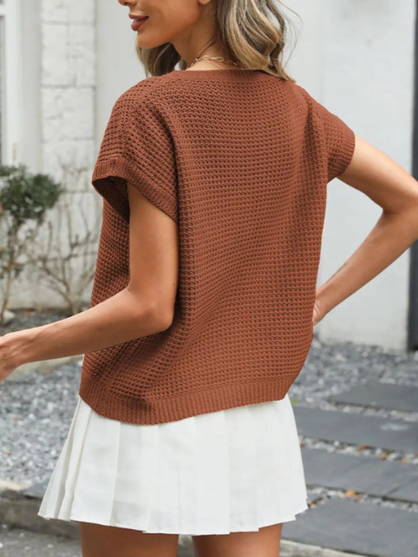 Round Neck Waffle Knit Top
