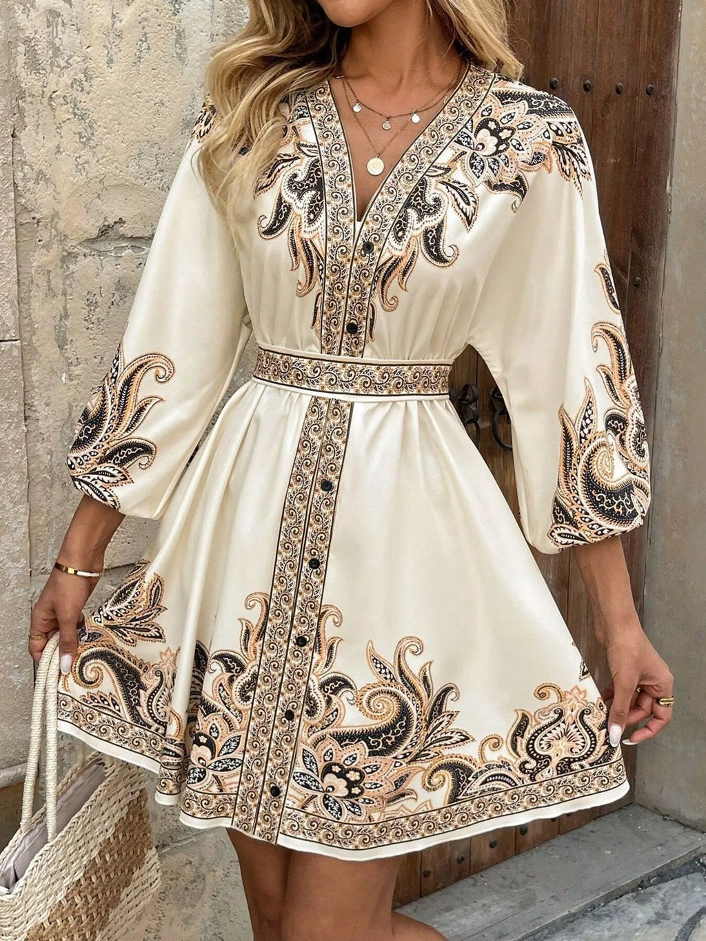 Paisley Print V-Neck Belted Mini Dress
