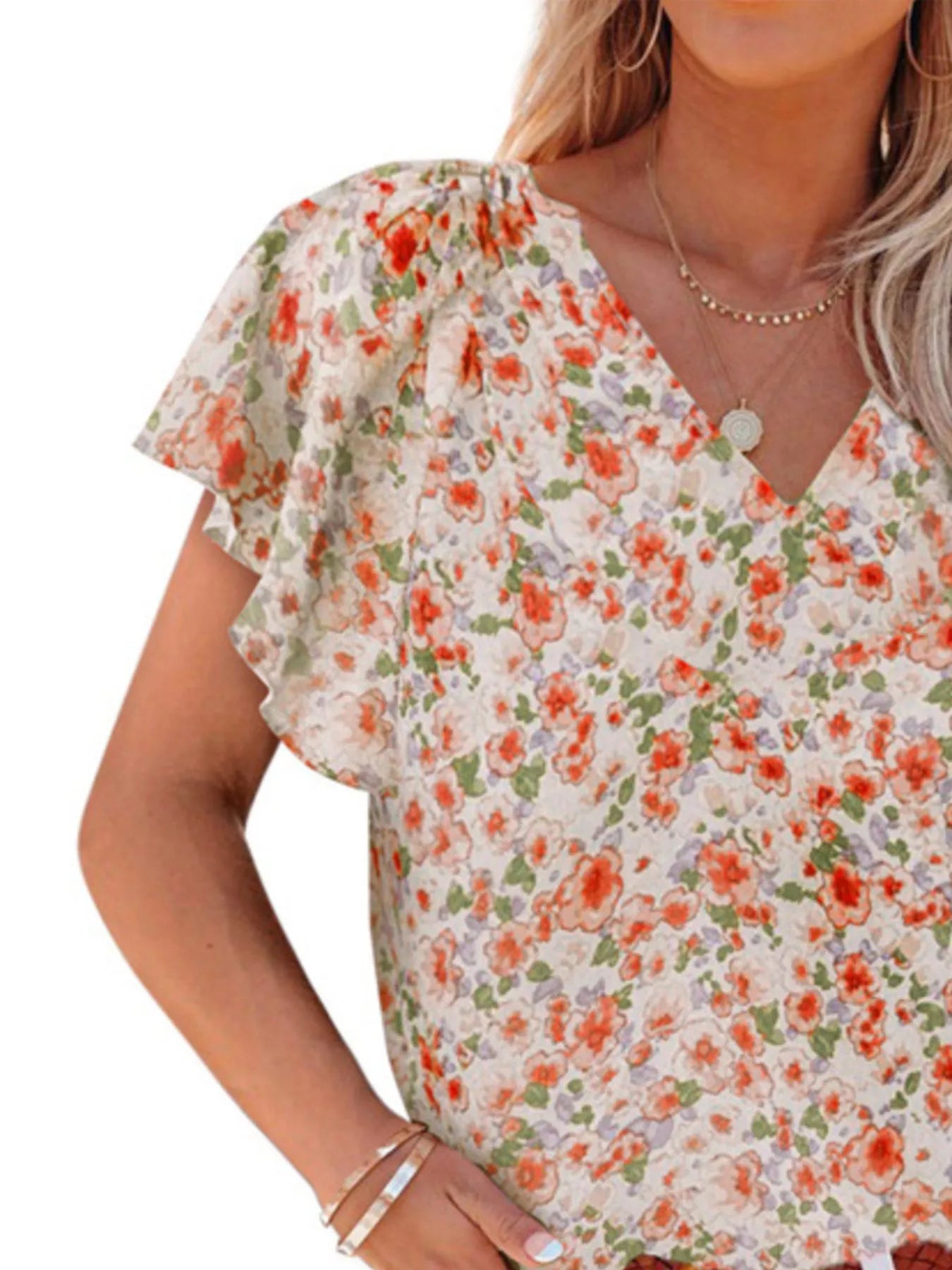 Full Size Floral Print Flutter Sleeve V-Neck Blouse Plus Size