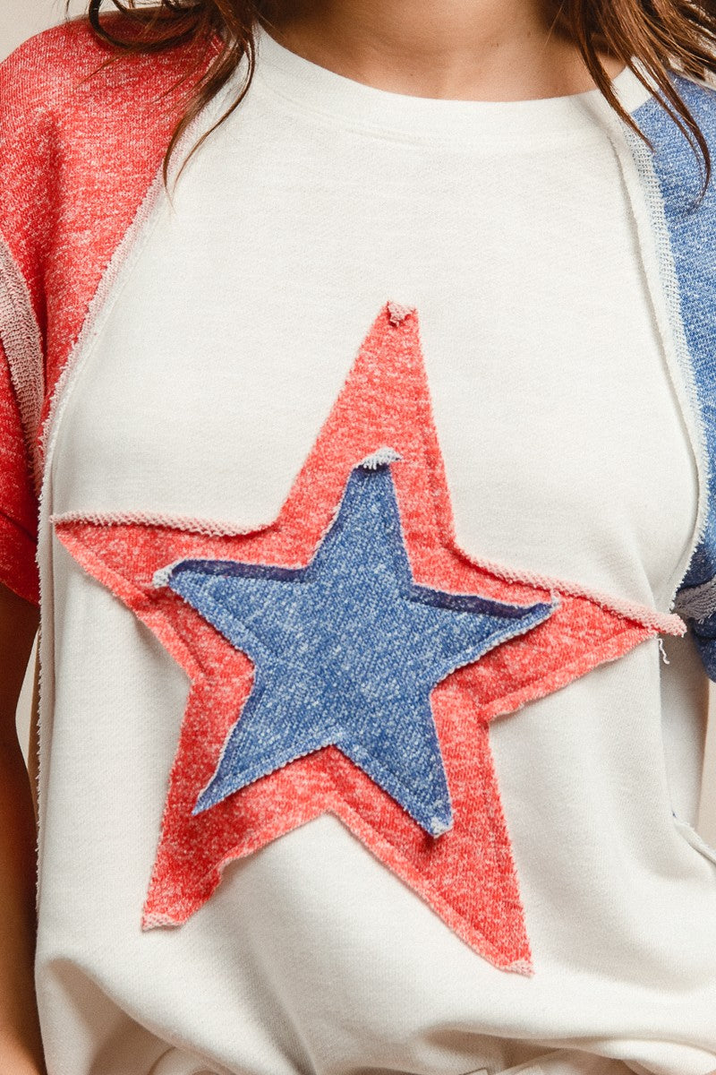 BiBi Contrast French Terry Cut Edge Detail Fourth Of July Theme T-Shirt