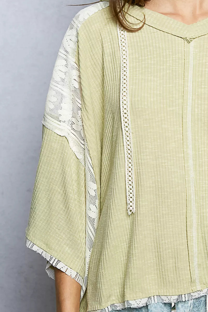 POL Short Sleeve Hoodie Top with Lace Detail