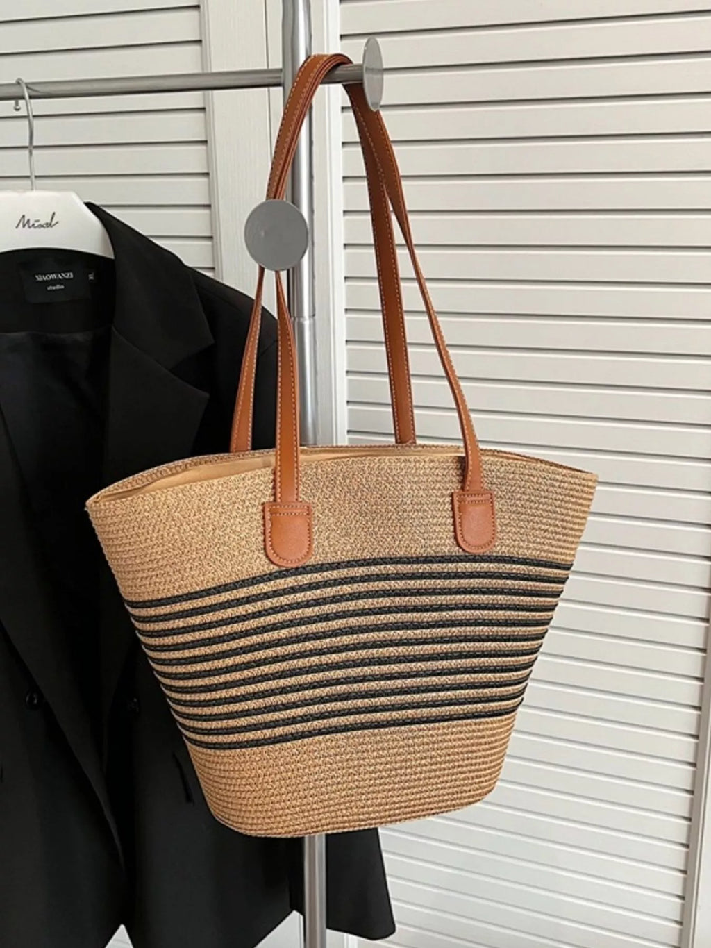 Striped Woven Straw Shoulder Bag