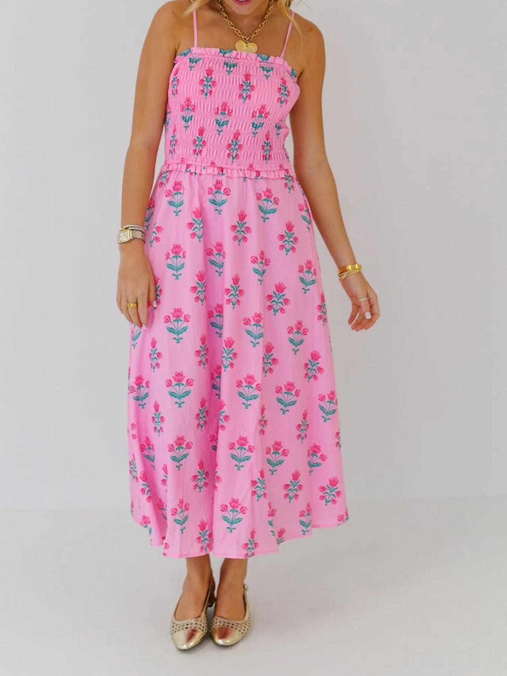 Floral Smocked Adjustable Strap Midi Cami Dress