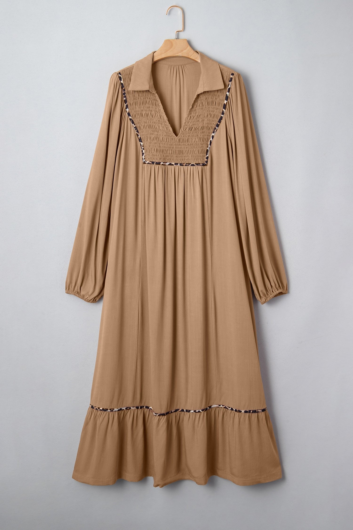 Plus Size Smocked V-Neck Leopard Piping Maxi Dress
