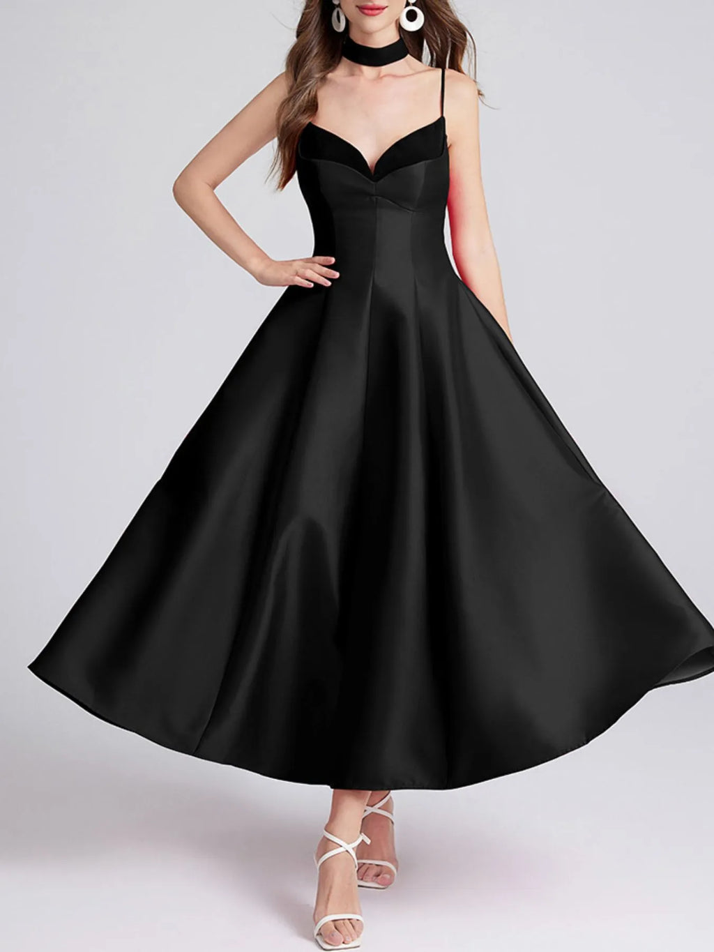 Sweetheart Spaghetti Strap Midi Dress with Collar