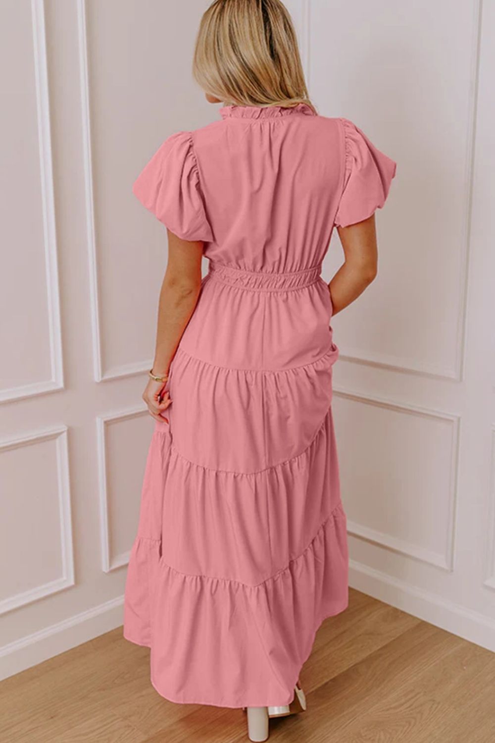Elegant Ruffled Tiered Puff Sleeve Maxi Dress