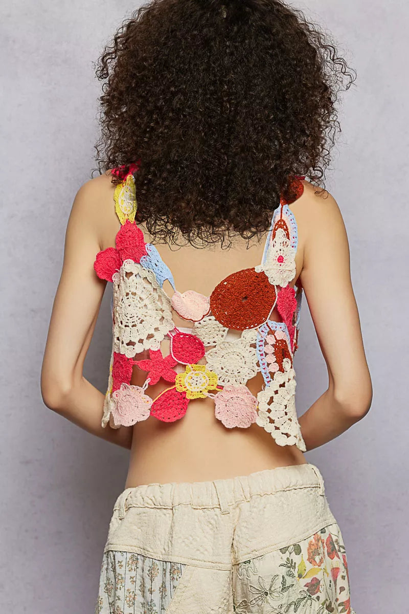 POL Openwork Floral Cropped Crochet Cami