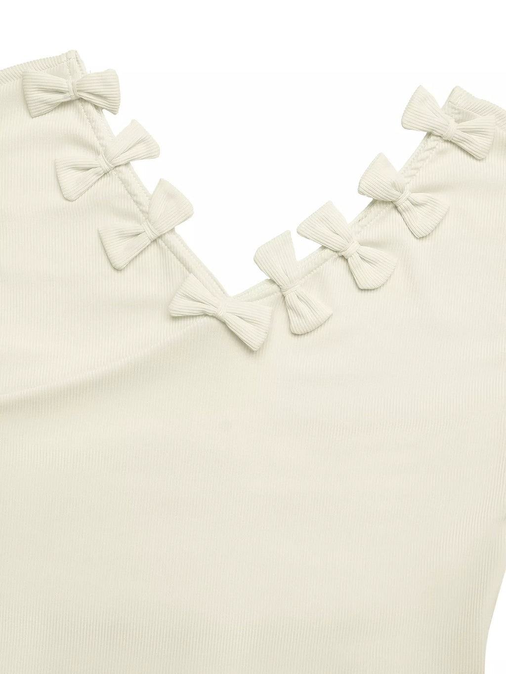 Ribbed Knit Bow Decor V-Neck T-Shirt