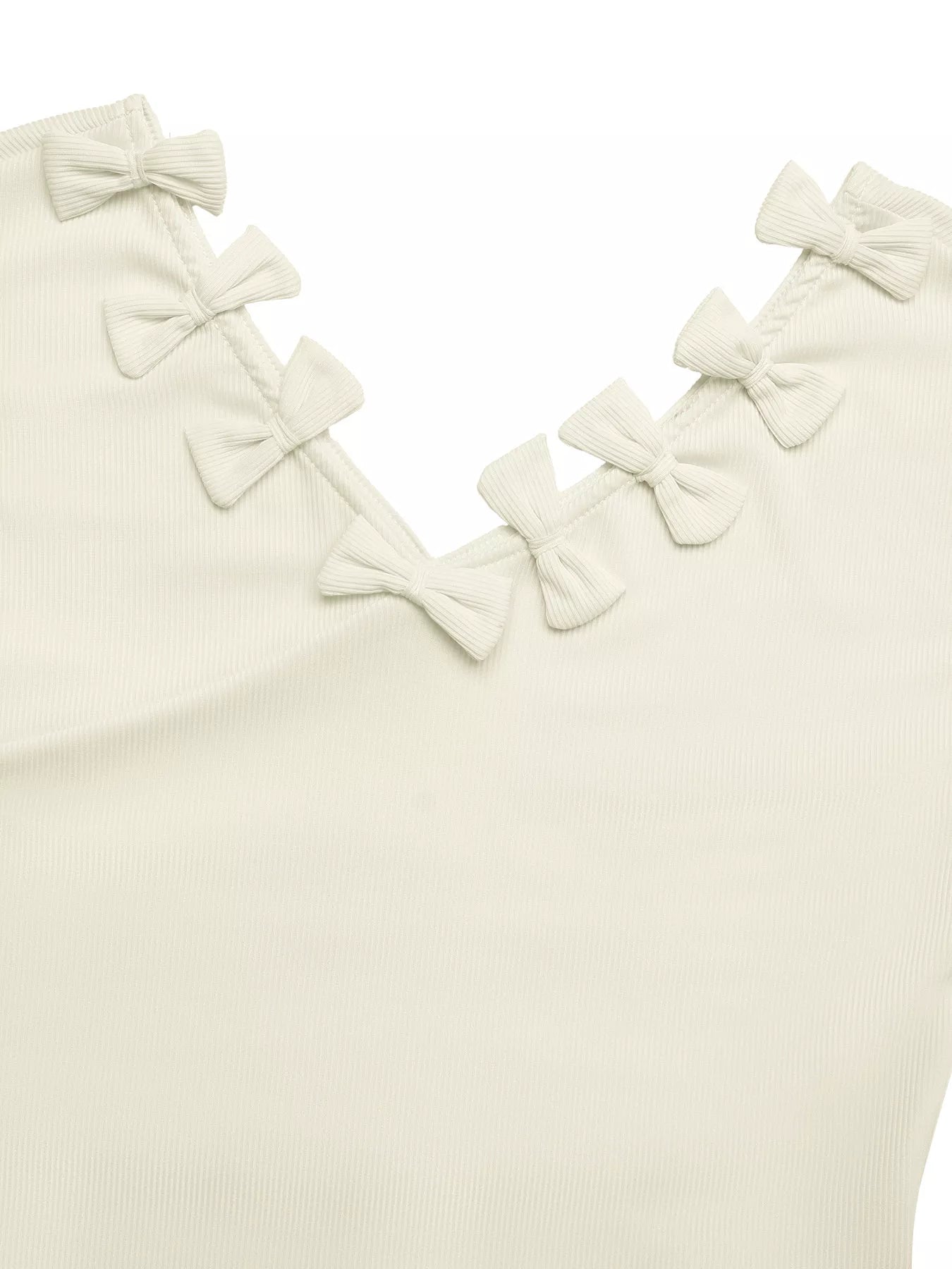 Ribbed Knit Bow Decor V-Neck T-Shirt
