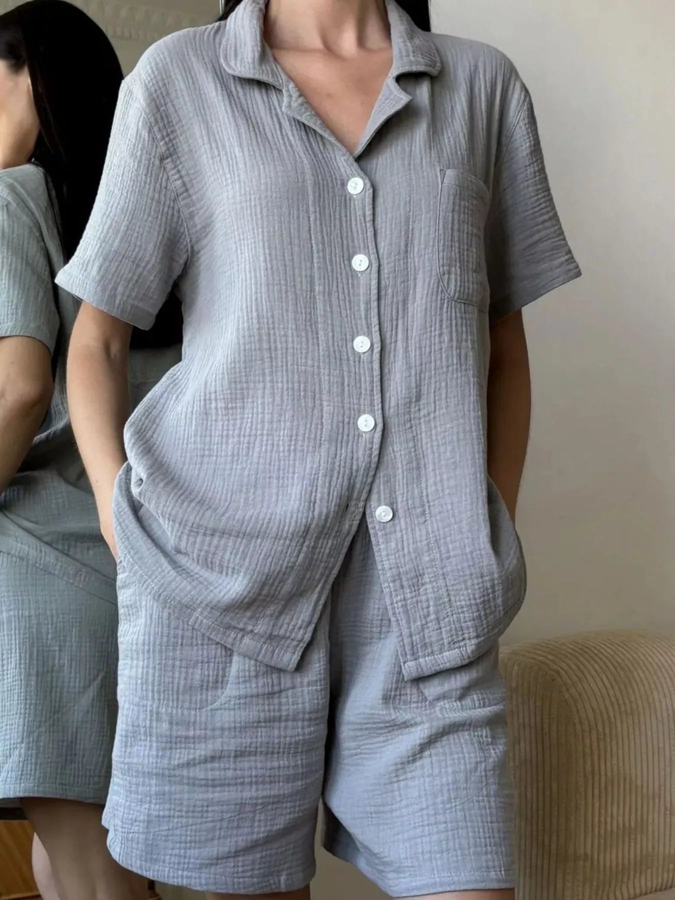 Button Up Short Sleeve Shirt and Shorts Set
